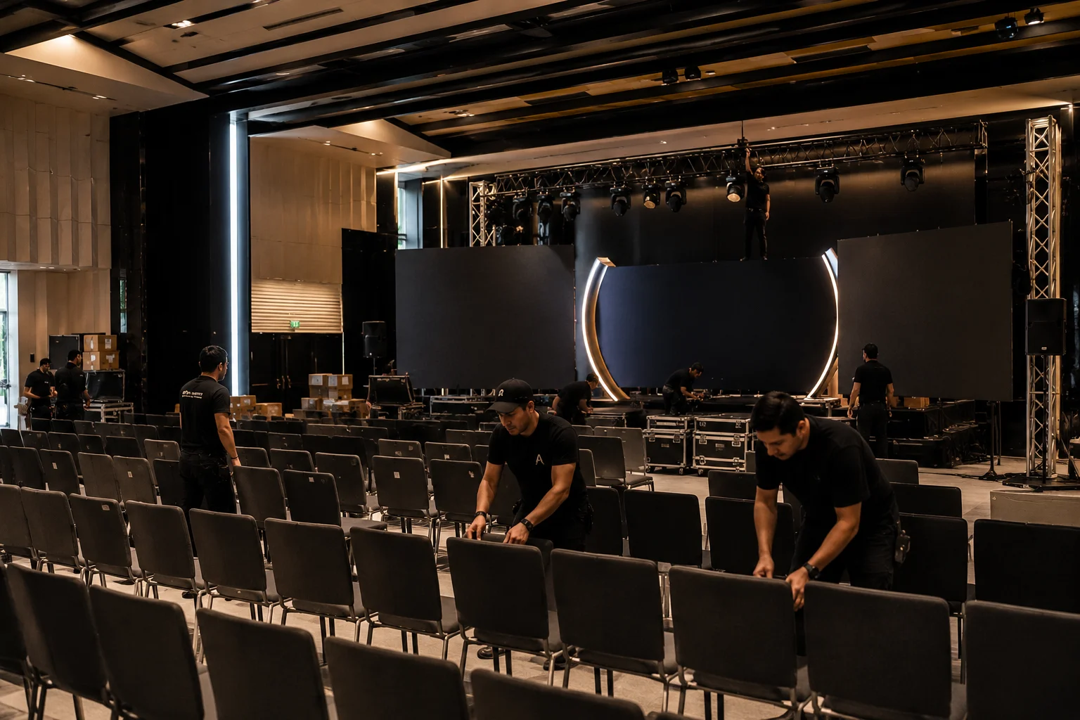 Fotografía de producción de evento ejecutivo B2B Medea — escenario con branding corporativo, directivos en auditorio o espacio de networking premium en Ciudad de México